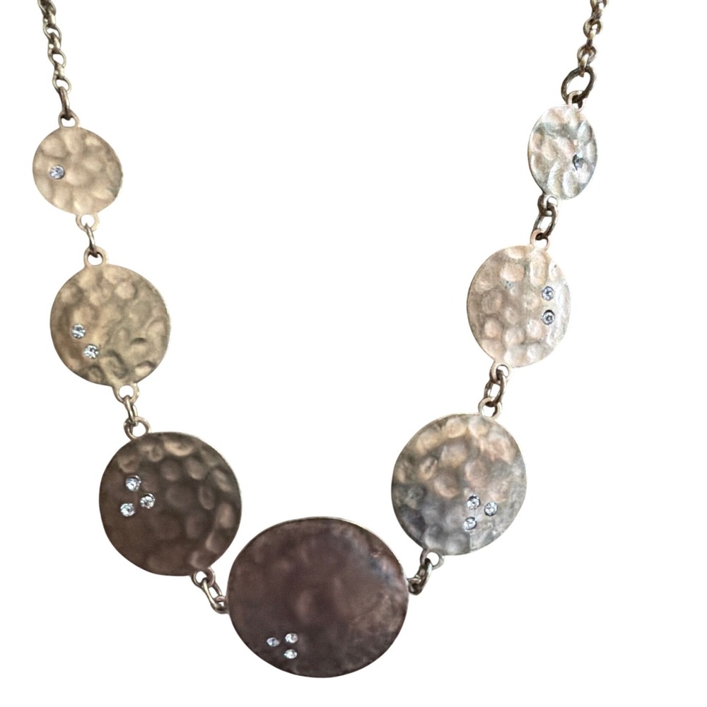Hammered Gold Tone Graduated Disc Bib Necklace Rhinestone Accents Boho